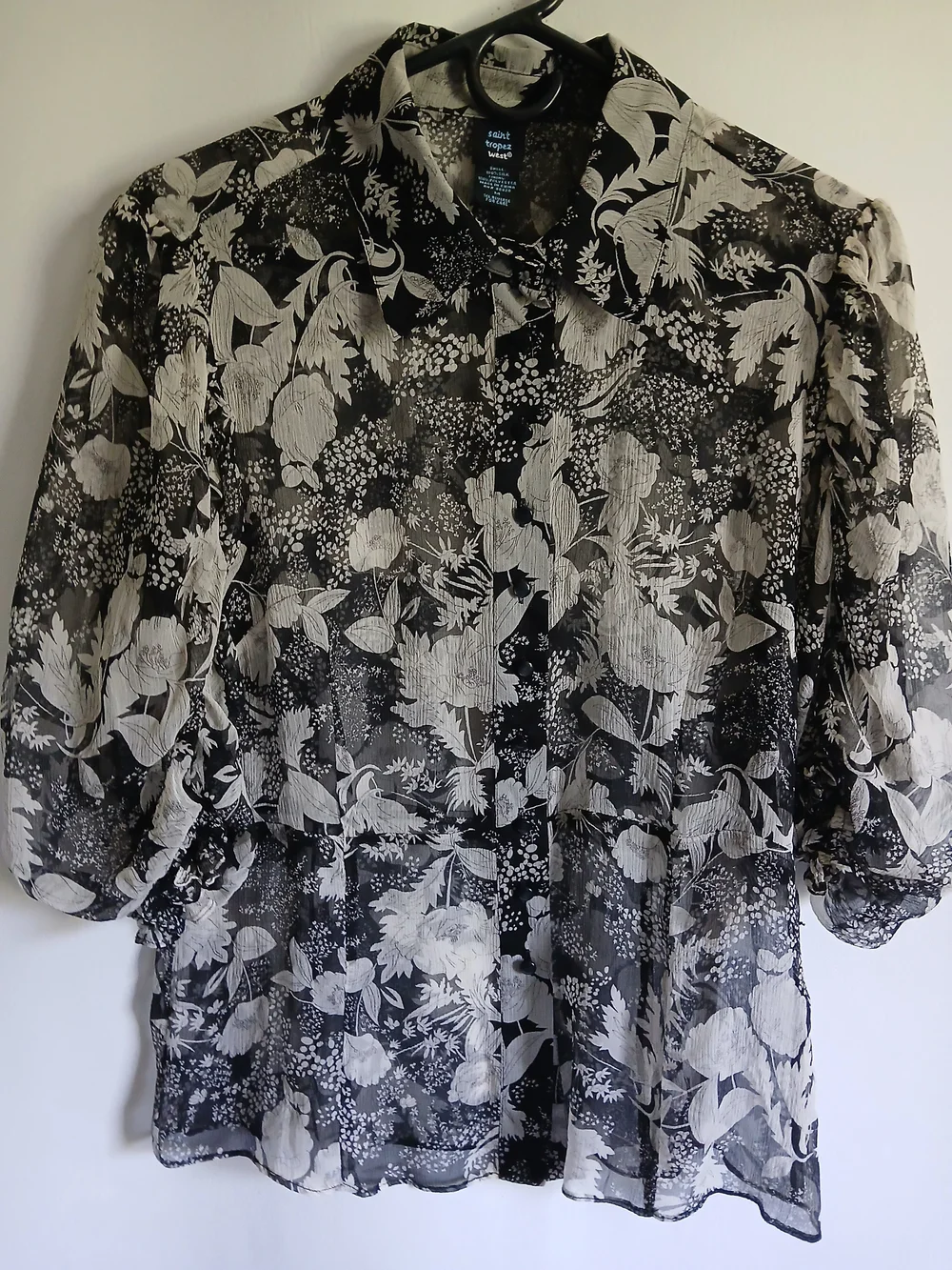 Sheer Black & White Floral Button-Up Blouse 100% Silk SzM Puff Sleeve